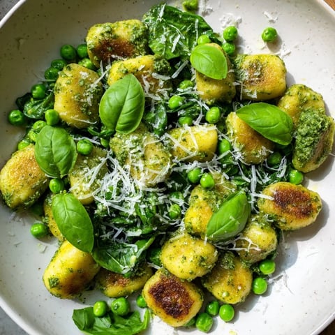 Crispy golden Pesto Pea Gnocchi Skillet with vibrant green peas and basil pesto, ready to serve.