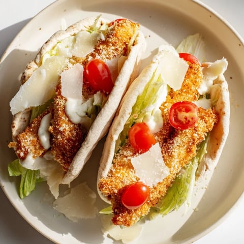 Golden, crispy chicken strips in a pita, part of a delicious Crispy Chicken Caesar Pita.