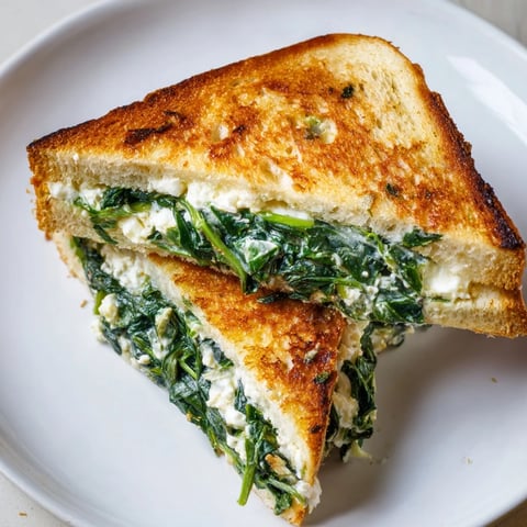 Golden-brown Feta & Spinach Stuffed Grilled Cheese, oozing with melted cheese, ready to be sliced.