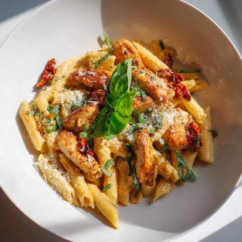 Creamy Sun-Dried Tomato Chicken Pasta drizzled with fresh basil, ready for enjoying a delicious Italian dinner.