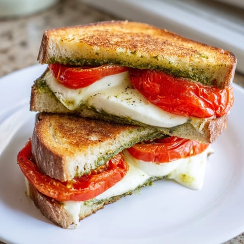 Golden, melted Caprese Pesto Grilled Cheese, showcasing warm mozzarella and juicy tomato layers.