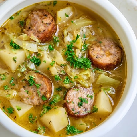 Sausage, Potato and Cabbage Soup steaming in a rustic bowl, garnished with fresh parsley and a dollop of sour cream.