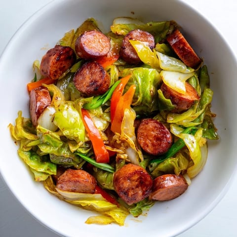 Smothered Cabbage With Sausage Skillet glistens with golden, caramelized cabbage and smoky sausage in a rustic pan.