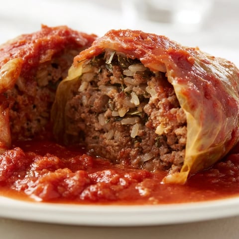Cabbage rolls filled with seasoned ground beef and rice, simmered in a rich tomato sauce, baked to perfection in a rustic dish.