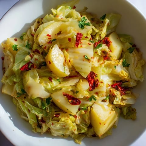 Cáscara de repollo braisé con papas y chiles en una olla, presentando texturas tiernas y un caldo sabroso para una cena reconfortante.