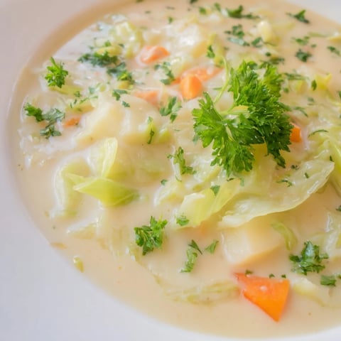 Cazuela de crema de papas con repollo, con trozos tiernos de vegetales y un toque de perejil fresco.