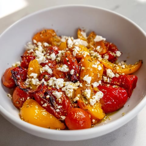 Ensalada griega asada con verduras caramelizadas, aceitunas y feta en un plato vibrante para cenas saludables.