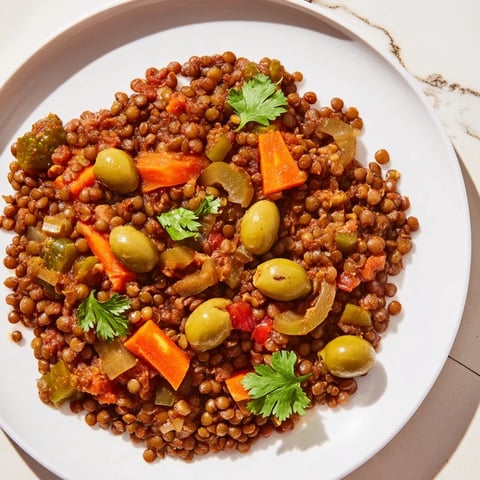 Lentil picadillo cubano servido con arroz, lentejas guisadas con olivas y pasas en un bol.