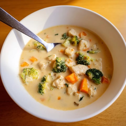 A bowl of creamy Chicken Broccoli Cheddar Soup with tender chicken and fresh broccoli florets.