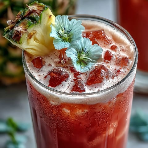 Iced Guava Passionfruit Drink garnished with a fresh pineapple wedge on a tall glass filled with ice.