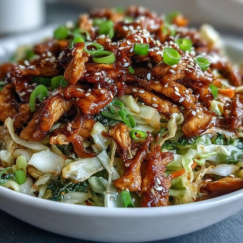 Un plato de Bowl de Egg Roll con pollo y repollo, adornado con cebolletas, semillas de sésamo y un toque de crujiente de chile.