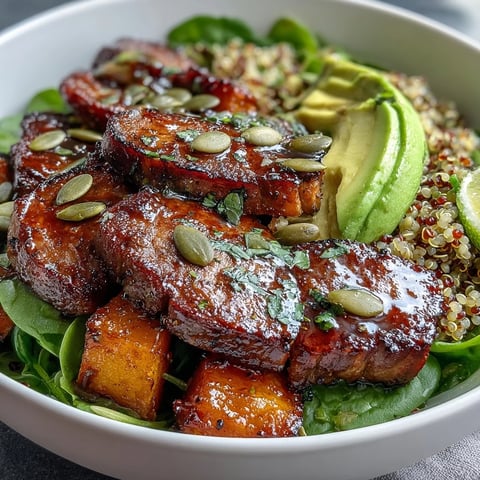 Tazones de Butternut Squash Steak con quinoa esponjosa y aguacate cremoso en un tazón a medida.