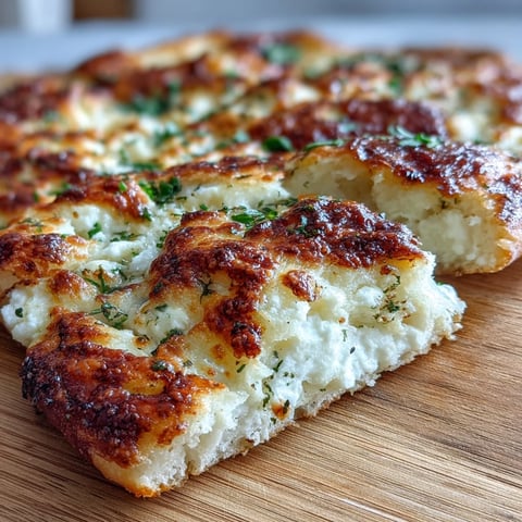 Fluffy Cottage Cheese Flatbread with golden bubbles, garlic aroma, and herbs on a rustic board for lunch wraps.
