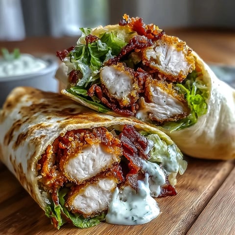 Crispy Chicken Bacon Caesar Wraps rellenos con pollo dorado y tocino crujiente, lechuga romana y aderezo César en tortilla.