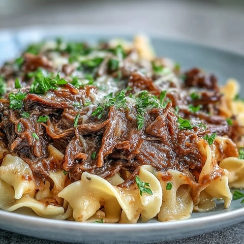 Crockpot French Onion Pot Roast Pasta con fideos de huevo y jugosa carne deshebra bañada en salsa de cebolla