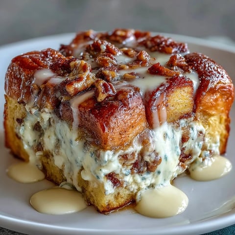 Pan de francés horneado con espirales de cinnamon roll y crema de queso, con plátanos maduros y canela.