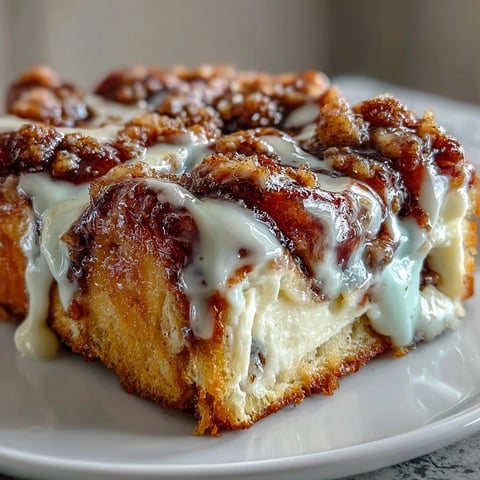 Cremoso Cream Cheese Swirl Cinnamon Roll French Toast Bake horneado con plátano, ideal para brunch