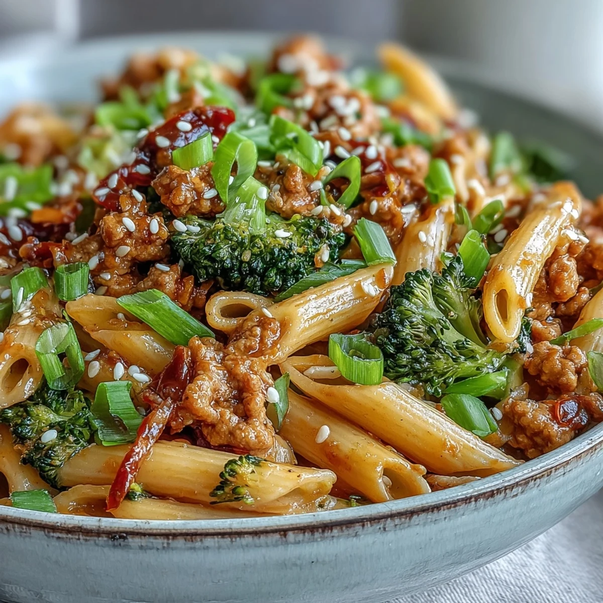 Blond penne pasta tossed with sautéed ground turkey and bright broccoli florets in a glossy, sweet and spicy sauce.