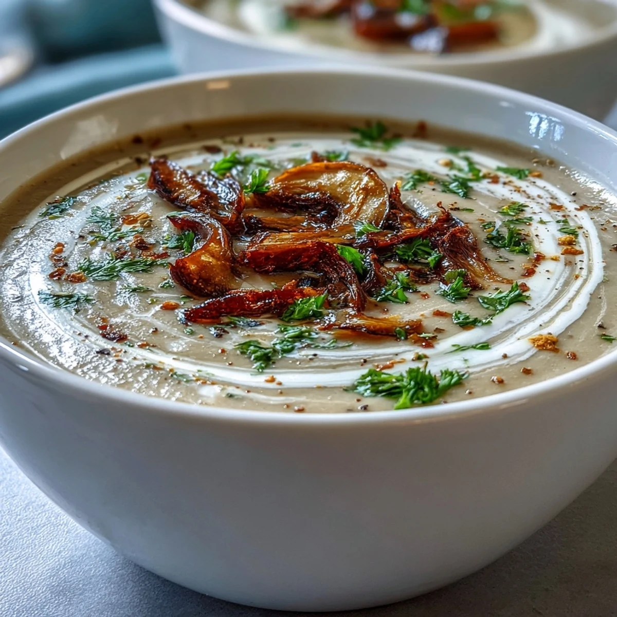 Creamy Mushroom & Cardamom Soup served hot in a rustic bowl with a swirl of cream and chives