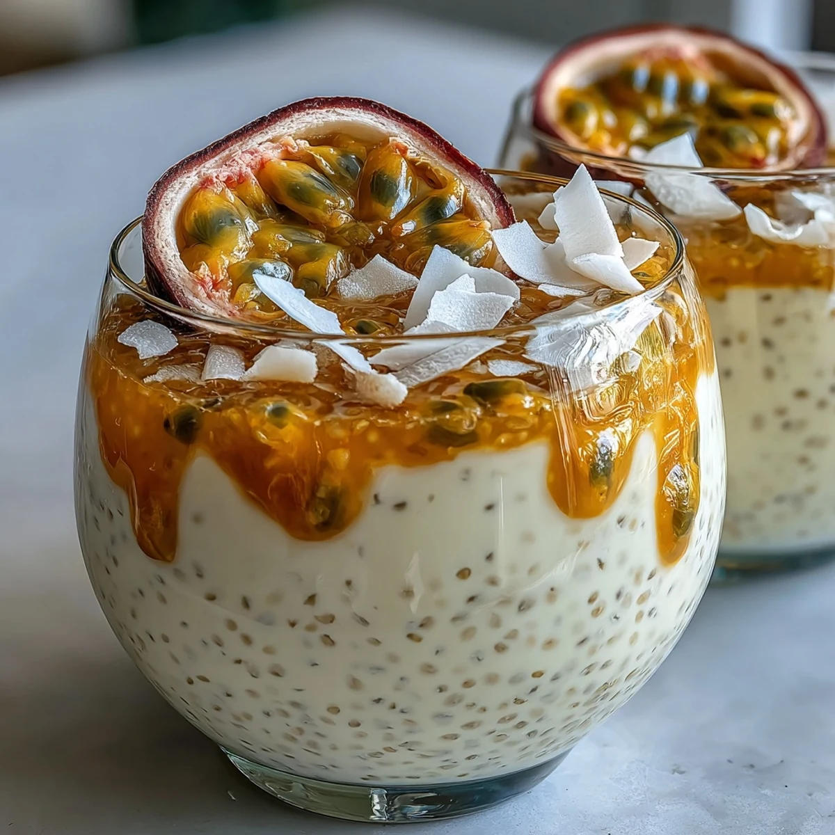 Passionfruit Chia Pudding en un frasco de vidrio, con cucharadas de puré de maracuyá y trozos de coco fresco recién rallado.
