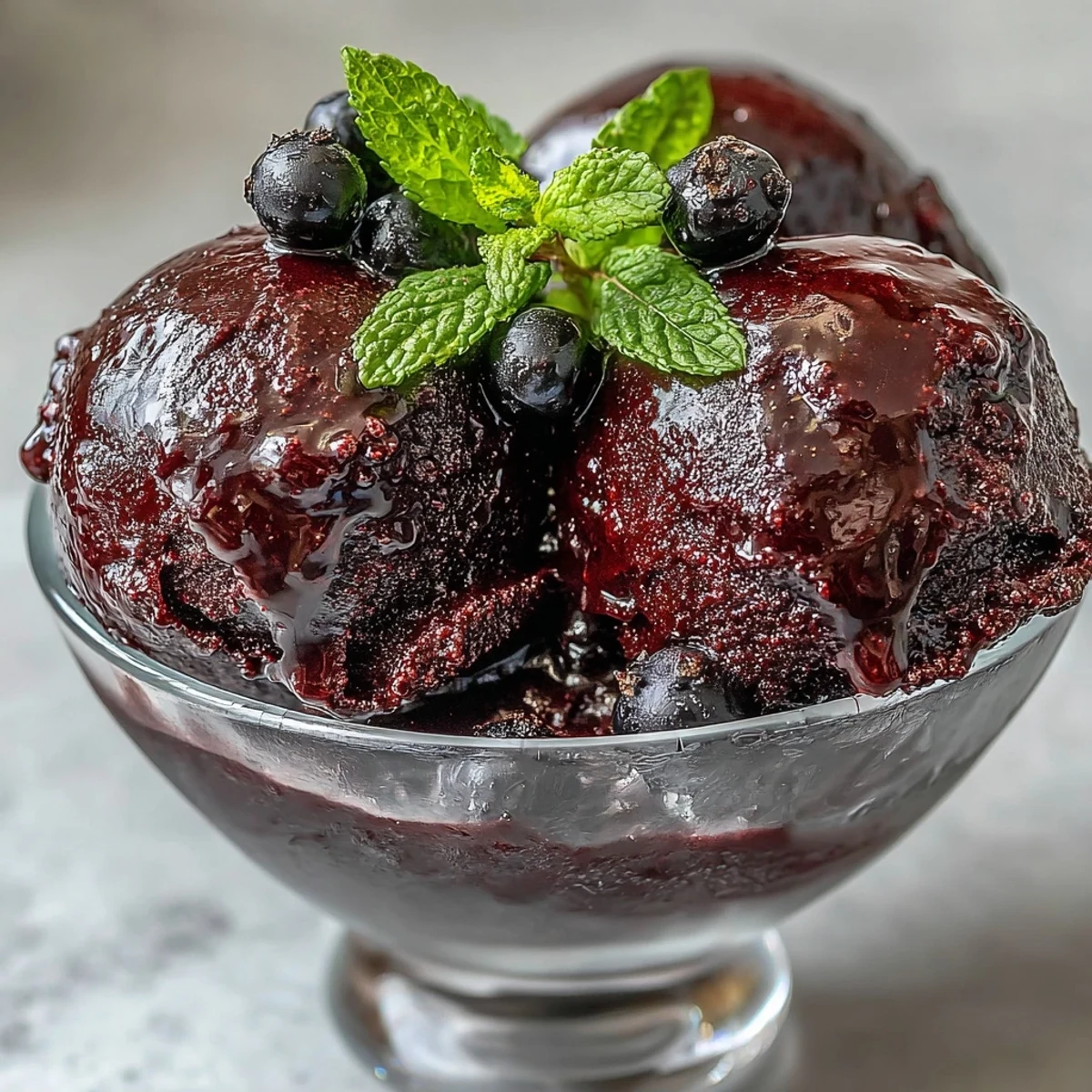 Black Currant & Gin Sorbet en vaso frío, con bayas negras frescas y hoja de menta como guarnición.