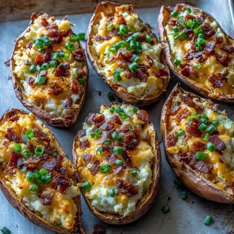 Baked Breakfast Sweet Potatoes filled with crispy bacon, melty cheddar, and a perfectly baked egg topped with scallions.