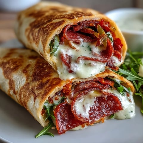 Low-Carb Italian Sub Wrap en un plato, con rellenos de salami, pepperoni y provolone derretido, servido con rodajas de pimientos banana y aderezo italiano.