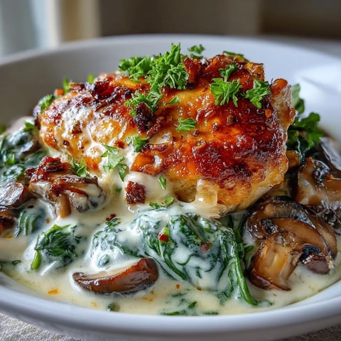 Panalla de pollo con espinacas y champiñones en salsa cremosa keto, lista para servir.