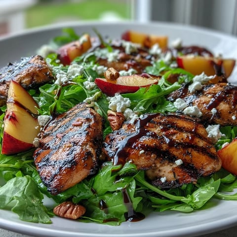 Ensalada Grilled Chicken and Peach Arugula Salad con pollo jugoso y melocotones a la parrilla.