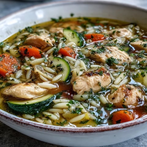 Steaming bowl of One-Pot Lemon Chicken and Zucchini Orzo Soup garnished with parsley.