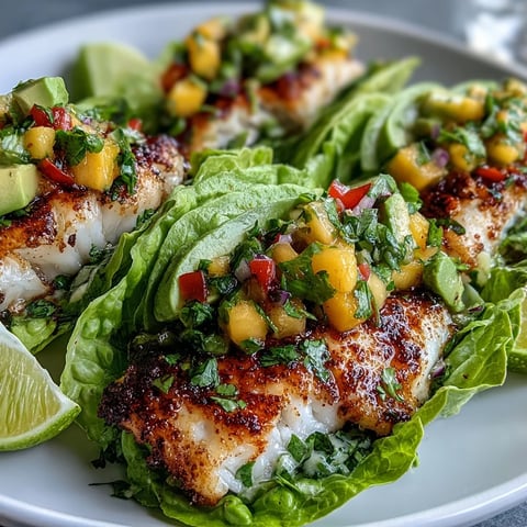 Tacos de pescado a la parrilla con salsa de mango en hojas de lechuga, servidos con aguacate