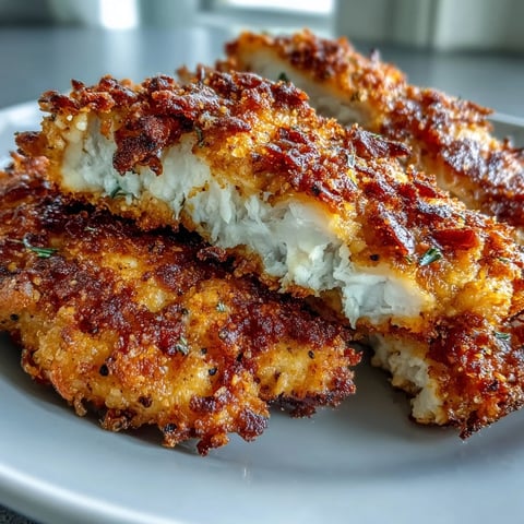 Crispy Parmesan Crusted Chicken Tenders with creamy ranch slaw on a white plate, golden brown breading, low-carb keto dinner for four.