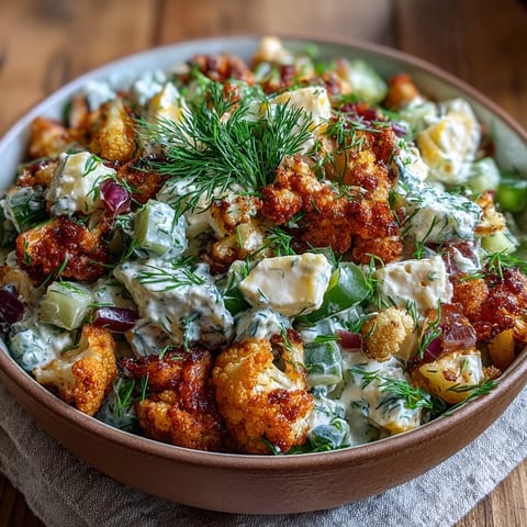 Keto Cauliflower Potato Salad with Dill Pickles and Eggs in a glass bowl garnished with fresh dill.