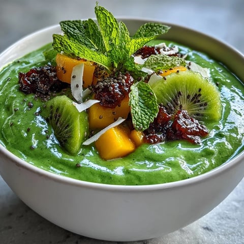 Vegan Tropical Green Smoothie Bowl with Mango Chia Topping, featuring thick blended greens and fruits topped with fresh mango, kiwi, and crunchy granola.