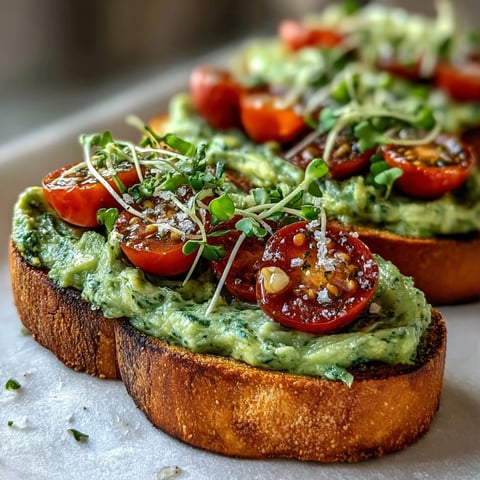 Avocado Pesto Sourdough Toast topped with halved cherry tomatoes and fresh microgreens on a rustic plate.