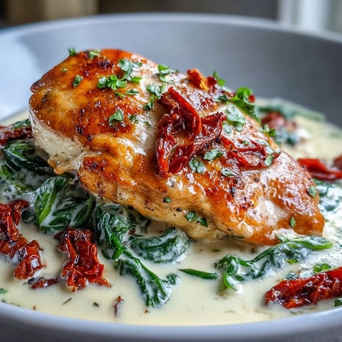 Keto Creamy Tuscan Chicken with Spinach and Sun-Dried Tomatoes in a rich garlic cream sauce.