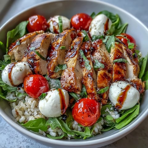 Bowls of Grilled Chicken Caprese with sliced grilled chicken, cherry tomatoes, mozzarella, and fresh basil leaves