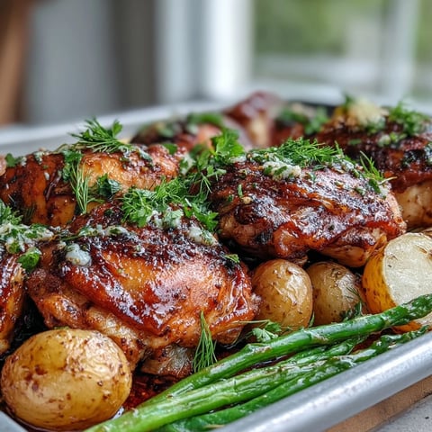 Pollo al horno con limón y ajo en una bandeja, con papas doradas y judías verdes crujientes.