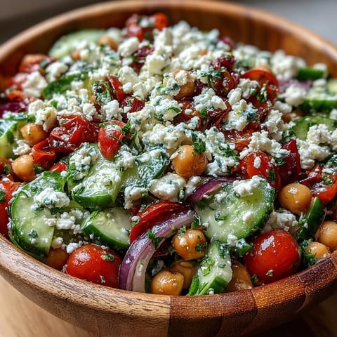 Crisp cucumber and chickpeas in a Mediterranean Chickpea Salad, topped with creamy feta and fresh parsley for a refreshing bite.