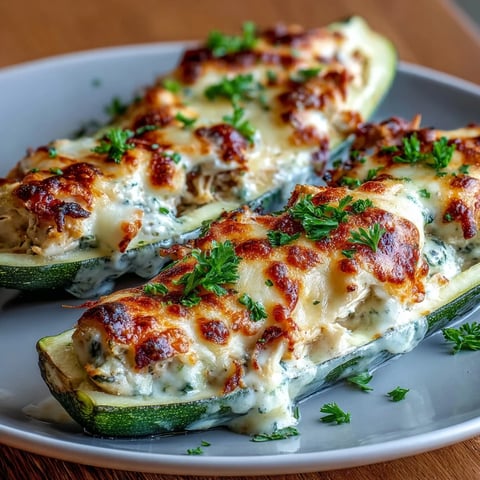 1. Keto Creamy Garlic Chicken Zucchini Boats con pollo tierno y salsa cremosa de ajo, gratinados con queso mozzarella y parmesano.  