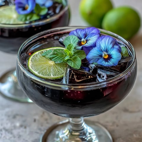 Un cóctel refrescante de gin con jarabe de grosella negra, lima fresca y flores comestibles en un vaso con hielo.