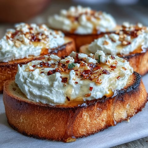 Crostini crujiente con queso feta batido cremoso, rociado con miel picante y espolvoreado con pimienta roja triturada.