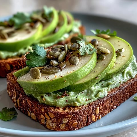 1. Vibrant avocado and green apple breakfast toast topped with crunchy pumpkin seeds and fresh herbs, perfect for a nutritious morning.