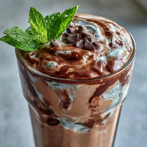 Batido cremoso de proteína con chocolate y menta, con banana congelada para un sabor fresco y dulce.