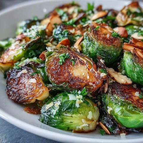 Brussels sprouts asadas con hierbas y limón, doradas y crujientes, con almendras tostadas y un toque cítrico fresco.  