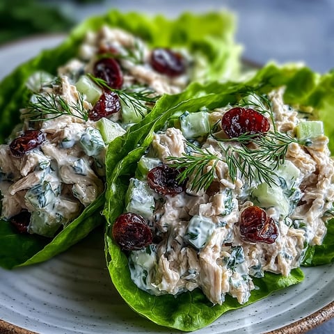 Ensalada de pollo con yogur griego en hojas de lechuga crujientes, con uvas frescas y hierbas aromáticas.