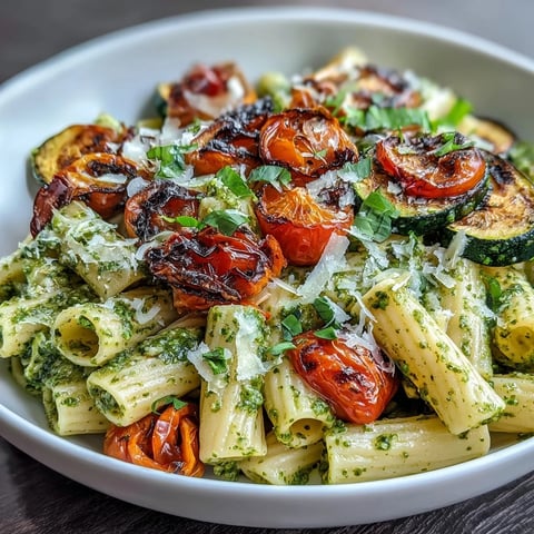 Pasta con verduras asadas y pesto con tomates cherry, plato vegetariano colorido y aromático, servido en un tazón grande.  