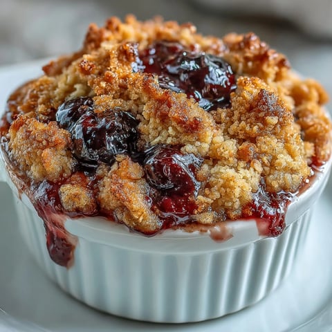1. Un plato de crumble de bayas con cobertura de avena dorada y burbujeante, servido caliente en un pequeño recipiente de cerámica.