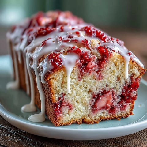 Porción de bizcocho de libra con espiral de fresa y glaseado de vainilla, perfecto para postre primaveral.