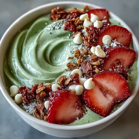 1. Creamy Strawberry Matcha Frappuccino-Style Smoothie Bowl with fresh strawberries, crunchy granola, and a vibrant green swirl.